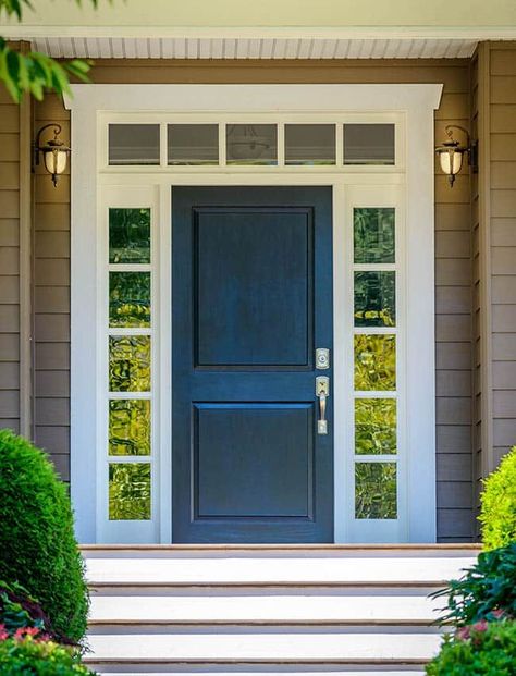 Square top door with sidelights House Front Door Colors, Dark Grey Front Door, Colonial Front Door, Brown Beach House, Brown House Exterior, Brown Front Doors, Door With Sidelights, Best Front Door Colors, White Front Door