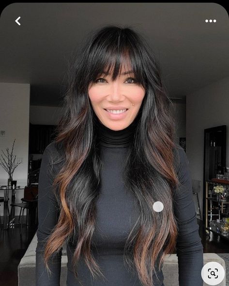 Whispy Front Bangs Long Straight Hair, Long Hair Brunette With Bangs, Bangs Dark Hair Long, Long Layer Blowout Hairstyles, Brown Bangs Black Hair, Edgy Long Haircut Straight, Dark Hair Balayage Bangs, Dark Balayage With Bangs, Long Dark Hair With Bangs Round Face