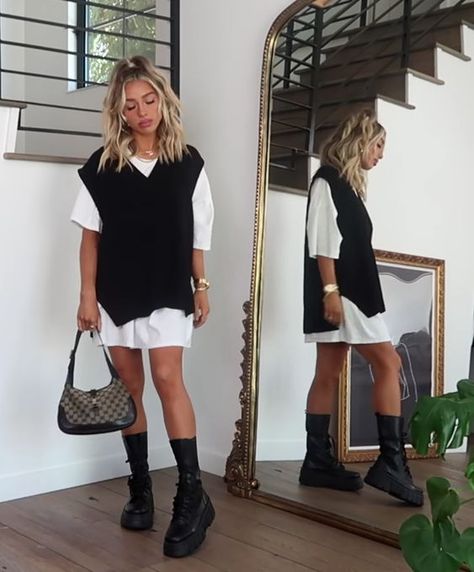 30 Cute Outfits to Wear with Sweater Vests - What Dress Code? Shirt Dress And Vest Outfit, Sweater Vest Over Slip Dress, Long Black Sweater Vest Outfit, Sweater Vest Summer Outfit, Sweater On Top Of Dress Outfit, Sleeveless Sweater Vest Outfit, Oversized Sweater Vest Outfit, Dress With Sweater Over It, How To Style A Sweater Vest