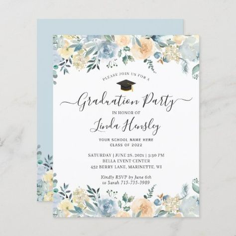 Floral Chic Graduation Invitations & Announcements | Zazzle Printing Flowers, Blue Graduation Party, Floral Graduation Party, Graduation Invitation Cards, Graduation Party Themes, Blue Graduation, Grad Party Decorations, Graduation Invitations Template, Grad Invitations