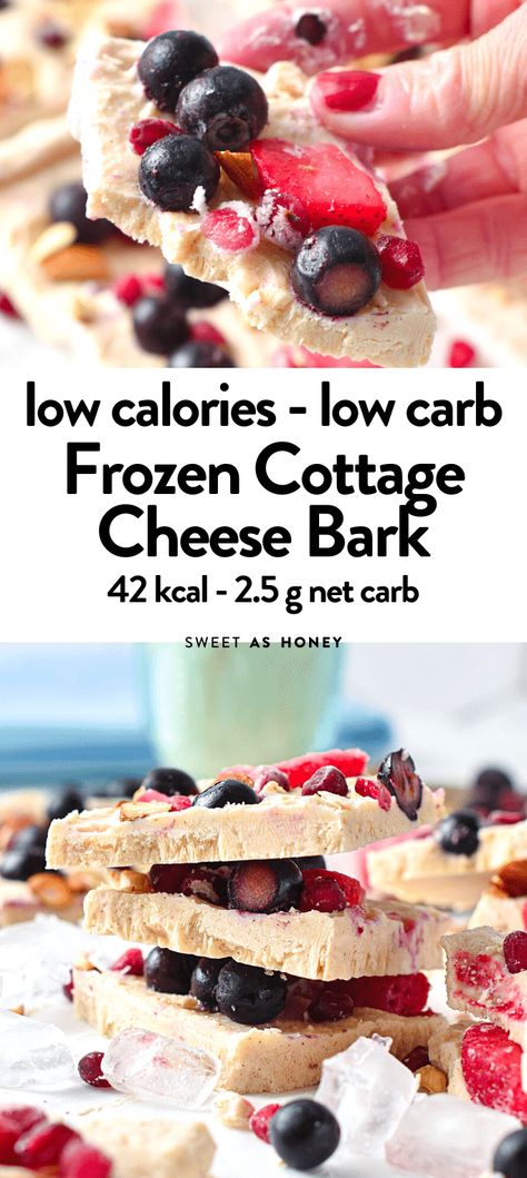 Frozen Cottage Cheese Bark Keto Cottage Cheese Snacks, Frozen Protein Bites, Cottage Cheese Bark Frozen, Frozen Cottage Cheese Bark Recipe, Frozen Cottage Cheese Bark, Healthy Frozen Desserts, Frozen Cottage Cheese, Cottage Cheese Bark, Cottage Cheese Dessert Recipes