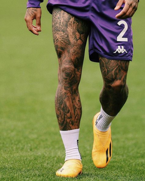 Football Leg Tattoo, Sports Tattoos For Men Ideas, Footballer Tattoos, Football Tattoo Ideas For Men, Full Leg Tattoo Men, Leg Tattoo Men Ideas, Quad Tattoo For Men, Shin Tattoo Men, Football Tattoo Design