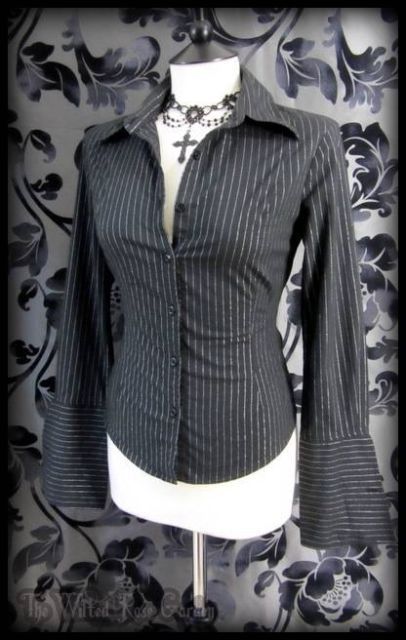 Goth Black Silver Pinstripe Large Cuff Fitted Blouse 8 10 Steampunk Victorian | THE WILTED ROSE GARDEN on eBay // Worldwide Shipping Available Black Clothes Ideas, Goth Blouse Outfit, Fitted Shirt Outfit Women, Victorian Inspired Outfits, Victorian Goth Outfits, Goth Style Outfits, Corporate Goth Outfits, Goth Black Women, Black Dress Shirt Women