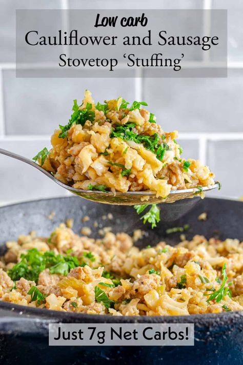 Low carb stovetop stuffing on a spoon Low Carb Stuffing Thanksgiving, Turkey Sausage Crumbles Recipe, Stuffing Turkey, Stovetop Stuffing, Low Carb Stuffing, Holiday Stuffing, Keto Stuffing, Low Carb Holiday Recipes, Turkey Dinners