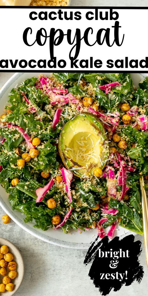 This Cactus Club copycat avocado kale salad is packed with bursts of flavor and texture! This anything-but-average salad will be on repeat so often that you'll want to skip the restaurant altogether. Cactus Club Kale Salad Recipe, Kale Avocado Salad, Seasoned Chickpeas, Avocado Chips, Cactus Club, Pickled Red Cabbage, Grilled Avocado, Kale Salad Recipes, Pickled Cabbage