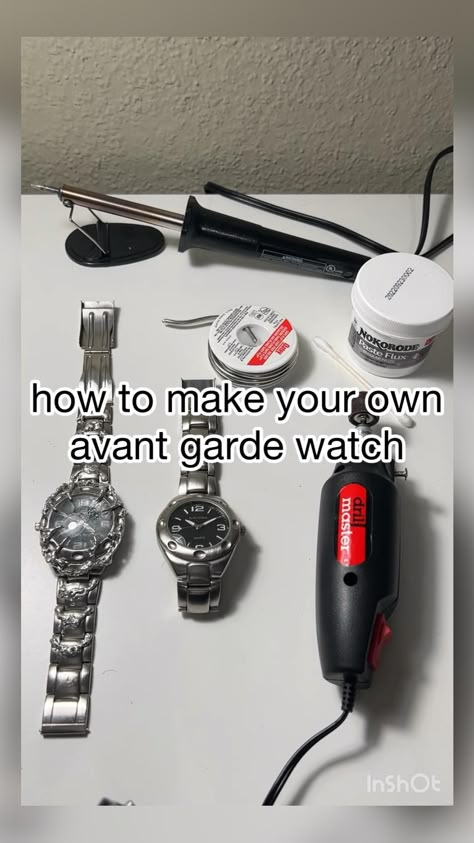 Difficulty: Medium

 

TOOLS:
 • dremel
 �• soldering tool (you can also use any type of soldering tool u feel comfortable with)

MATERIALS:
 • flux (try finding a high acidity flux to work best with stainless steel)
 • lead free solder (there’s different kinds i wanted mine to be silver even if my watch was stainless steel)
 • gloves
 • mask (don’t breathe in the fumes)
 • a watch Alabaster Industries, Soldering Projects, Solder Jewelry, Diy Watch, Fashion Terminology, Watch Diy, Motorcycle Aesthetic, Soldering Jewelry, Retro Watches