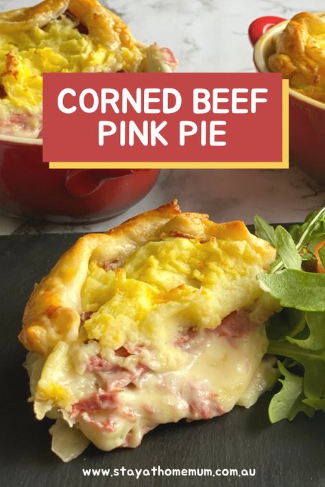 Corned Beef Pink Pie | Stay at Home Mum Corned Beef Pie Recipes, Potatoe Ideas, Corned Beef Pie, Curry Pie, Beef Pie, How To Make Cheese Sauce, Pink Pie, Meat Pie Recipe, Savoury Pies