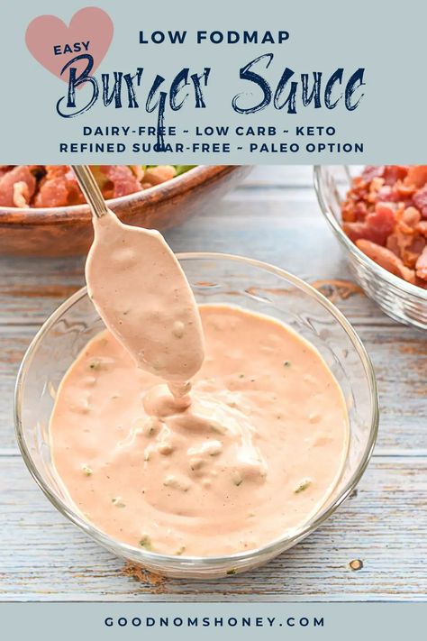 This Low FODMAP Burger Sauce (a.k.a. Special Sauce) inspired by McDonald's Big Mac Sauce brings tangy deliciousness to burgers, fries, and tacos, and more. Dairy-free, Keto, low carb, and refined sugar-free with a Paleo option. ~ Good Homs, Honey! ~ Low FODMAP Condiments ~ Low FODMAP Sauces Fodmap Condiments, Fodmap Sauces, Low Calorie Sauces, Mcdonald's Big Mac, Burger Sauces Recipe, Fodmap Recipes Dinner, Low Fodmap Recipes Dinner, Big Mac Sauce, Fodmap Snacks