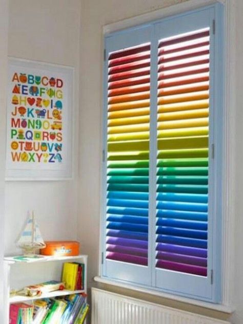 rainbow blinds... kids playroom idea. cute for my future home.. (: Rainbow Playroom, Rainbow Bedroom, Bedroom Blinds, Rainbow Room, Kitchen Blinds, Cool Ideas, Colorful Curtains, Playroom Decor, Blinds For Windows