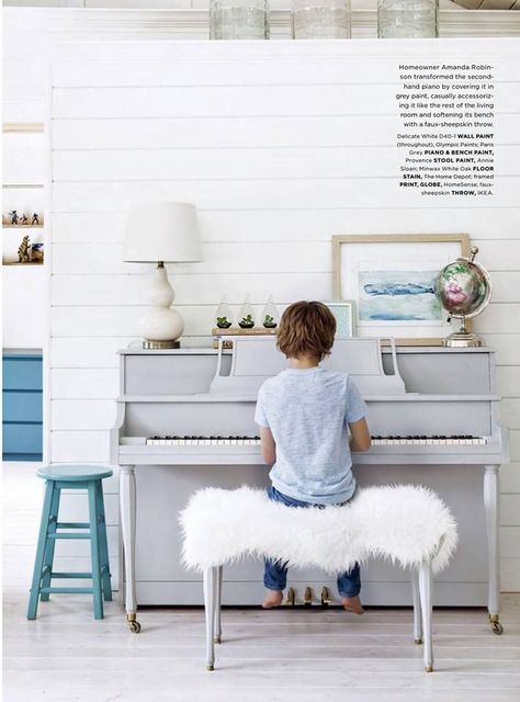 Paris Grey Chalk Paint® for the piano with the fun little stool painted in Provence | Style at Home magazine Painted Pianos, Piano Decor, White Piano, Playing The Piano, Piano Stool, Piano Bench, Piano Room, Modern Country, Style At Home