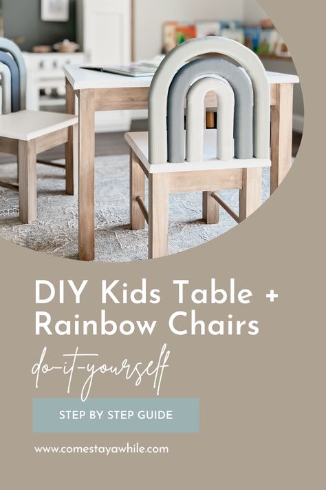 DIY Kids Table + Rainbow Arch Chairs - Come Stay Awhile by Amanda Vernaci | Modern Farmhouse DIY + Home Renovation Toddler Table And Chairs Diy, Kids Table And Chairs Diy, Diy Toddler Table And Chairs, Diy Accent Chair, Kids Table Diy, Diy Kids Table And Chairs, Pottery Barn Play Kitchen, Table And Chairs For Kids, Diy Kids Chair