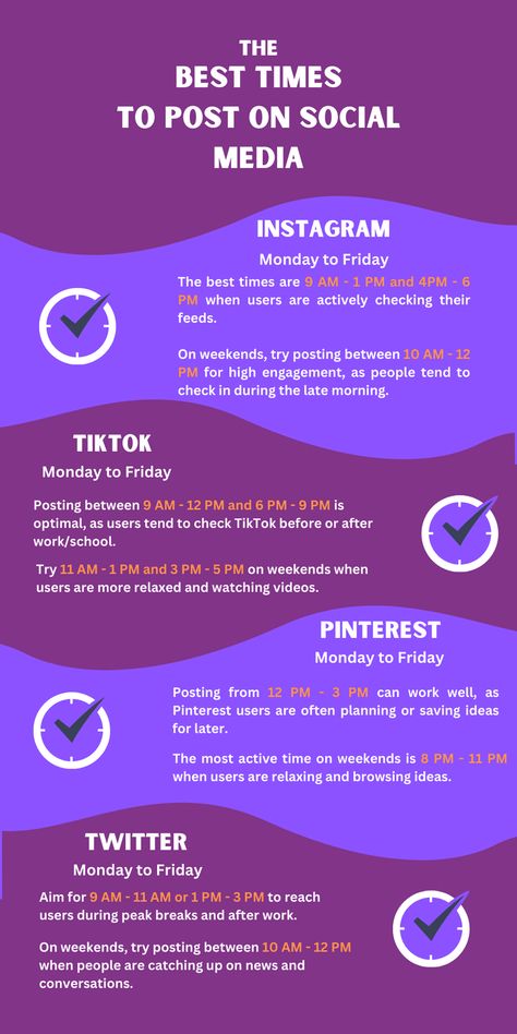 📅 Boost Your Engagement! 📅 This infographic shows the best times to post on Instagram, Pinterest, Twitter, and TikTok. Perfect your social media strategy with key posting times for weekdays and weekends! 📈✨ #BestTimeToPost #SocialMediaTips #ContentPlanning Best Posting Times For Social Media, Times To Post On Social Media, Tuesday Themes Social Media, Best Times To Post On Social Media, Tiktok Posting Times, Best Times To Post On Tiktok, Best Time To Post On Tiktok, Best Times To Post On Instagram, Best Time To Post On Instagram