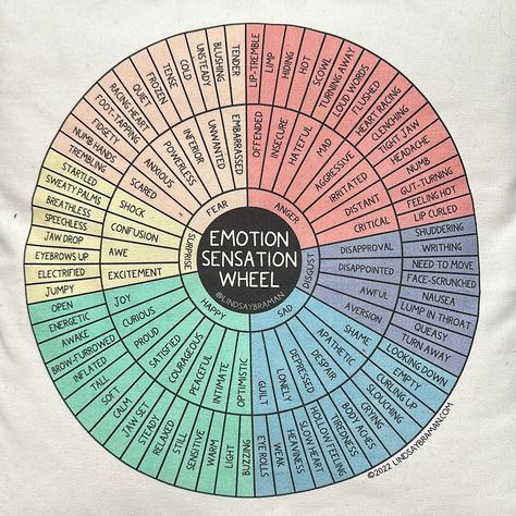 Emotion Sensation Wheel by @lindsaybraman Emotion Sensation Wheel, Emotion Wheel Feelings Chart, Emotional Wheel, Lump In Throat, Numbness In Hands, Emotions Wheel, Feelings Wheel, Feelings Chart, Feeling Hot