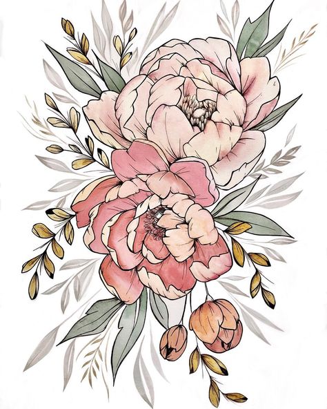 @lylun_designs tartalmat tett közzé az Instagram-profiljában: „Still one of my favourites #floralillustration #floralsyourway #floralart #looseflorals…” Peonies Embroidery Pattern, Peony Flower Tattoo Design, Bunch Of Flowers Drawing, Peonies Drawing, Peony Flower Painting, Peonies Art, Floral Drawings, Peony Drawing, Peony Pattern