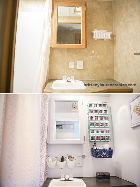 Before and after camper bathroom makeover Makeup Vanity In Closet, Etsy Makeup, Camper Bathroom, Camper Trailer Remodel, Camper Organization, Rv Bathroom, Camper Hacks, Diy Camper Remodel, Rv Makeover