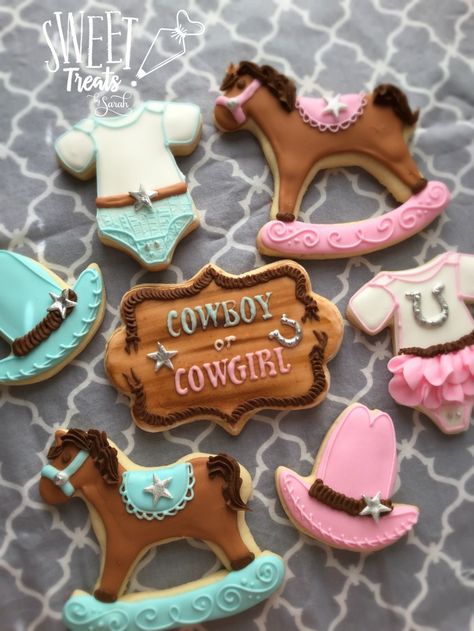 Gender Reveal Ranch Ideas, Cowboy Or Cowgirl Gender Reveal Cookies, Our First Rodeo Gender Reveal, Gender Reveal Cake Western, Gender Reveal Themes Western, Country Theme Gender Reveal Ideas, Cowboy Gender Reveal Ideas For Party, Gender Reveal Ideas For Party Country Theme, Cute Country Gender Reveal Ideas