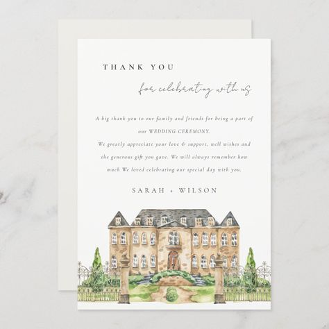 Classy Garden Chateau Manor Watercolor Wedding Thank You Card | #watercolor #manorhouse #chateau #destinationwedding #country #modernelegant #simpleminimal #rustic #garden #classic Classy Garden, Engagement Invite, Rustic Wedding Save The Dates, Rustic Watercolor, Watercolor Collection, English Manor, Classic Garden, French Chateau, Wedding Parties