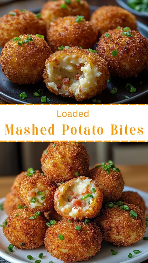 Easy Dinner Recipes: Loaded Mashed Potato Bites Loaded Mashed Potato And Meatball, Loaded Potato Balls Recipe, Mashed Potatoes Cheese Balls, Sliced Loaded Potatoes, Best New Years Eve Dinner Recipes, Mini Loaded Potato Bites, Dishes To Make For New Years, Mini Loaded Baked Potato Bites, Mashed Potatoes Cupcakes