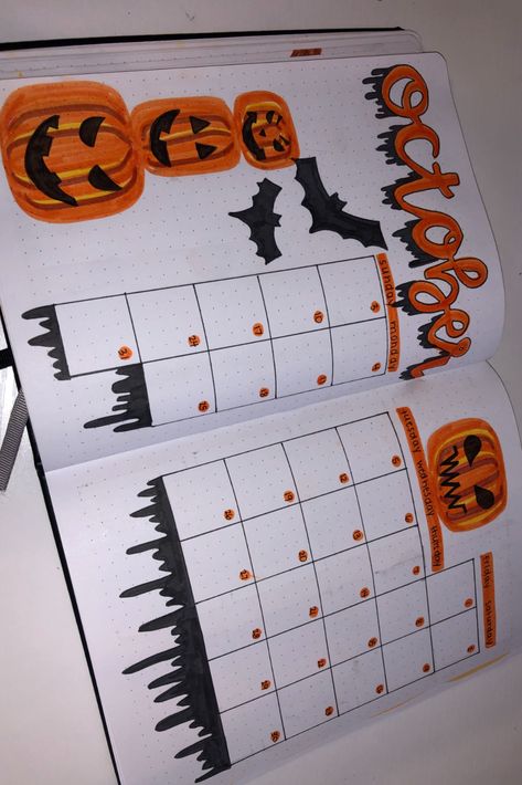 October Diy Calender, Halloween Calander Ideas, October Journaling Ideas, October Calander Ideas, October Calender Ideas, October Spread Bullet Journal, October Journal Spread, October Dry Erase Calendar Ideas, October Monthly Spread Bullet Journal