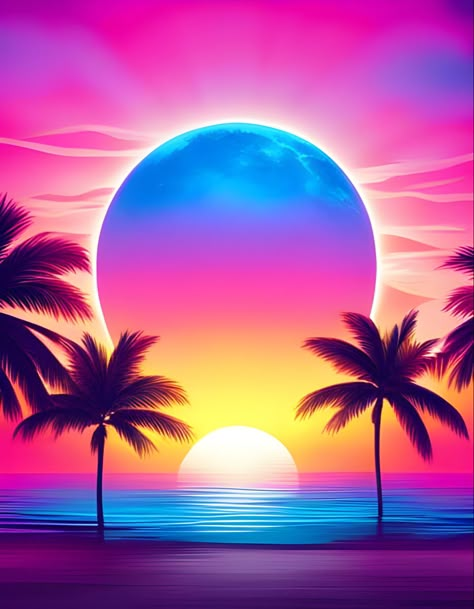 A colorful neon sunset over the ocean with fantasy moon and palm trees in a vaporwave aesthetic Where To Apply Contour, Apply Contour, Blush Application, Sunset Canvas Painting, Background 4k, Pastel Sunset, Sunset Images, View Wallpaper, Photo Art Frame