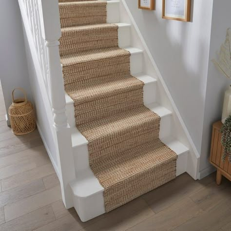 Clio Jute Cotton Stair Runner | Dunelm Staircase Runner Carpet, Hardwood Stairs With Runner, Stair Cases Ideas, Carpet Runner On Stairs With Landing, Inside Stairs Ideas, Porch Ideas Entrance Interior, White Stairs With Runner, Boho Stairs, Stair Case Decor