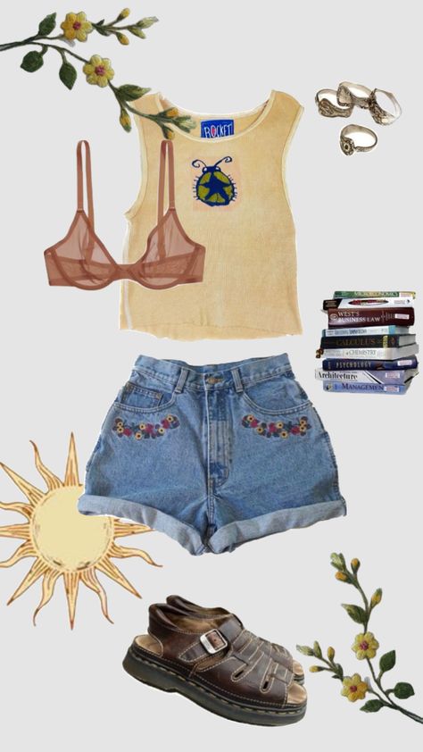 Vintage Outfits For Summer, Sunny Outfits, Beach Indie Outfits, Bisexual Summer Outfits, Summer Fits Cottage Core, Jean Shorts Outfit Cottagecore, Summer Vintage Outfits, Sufer Girl Aesthetic Outfits, Deep Winter