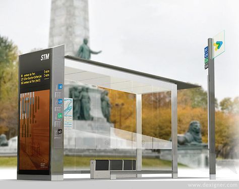 Montreal bus shelter competition winner                                                                                                                                                                                 More Bus Shelter Design, Bus Stop Advertising, Bus Stop Design, Eco House Design, Plaza Design, Bus City, Bus Shelters, Bus Stops, City Bus