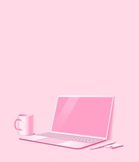 Vertical background with office workplace. A laptop, a mug, a pencil and a notebook. Pink color. Pinky Wallpapers Laptop, Pink Office Wallpaper, Pink Work Aesthetic, Pink Athstetic, Pink Business Aesthetic, Pink Office Aesthetic, Good Morning Pink, Pinky Wallpaper, Corporate Girly