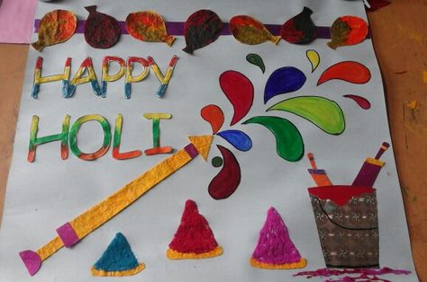 Holi Notice Board Decoration, Holi Festival Display Board, Holi Board Decoration Ideas For School, Holi Board Decoration, Holi Bulletin Board Decoration, Holi Charts For School, Holi Crafts For Kids Activities, Holi Decoration Ideas For School, Holi Festival Decoration