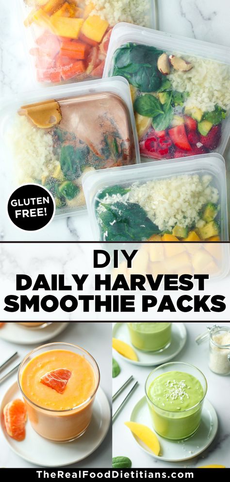 DIY Daily Harvest Smoothie Packs are a quick and easy way to have a healthy breakfast on-the-go! With four smoothie recipes to choose from; Immune Boosting Citrus, Chocolate Banana Recover, Berry Blast Beauty, and Mango Green Energy. Diy Daily Harvest Smoothies, Copycat Daily Harvest Smoothie, Daily Harvest Recipes, Daily Harvest Smoothies Recipes, Unique Smoothie Recipes, Diy Daily Harvest, Daily Harvest Copycat Recipes, Premade Smoothies, Meal Prep Smoothies