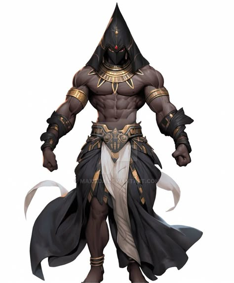 Egyptian Warrior Concept Art, Egyptian Warrior Art, Egyptian Oc Male, Egypt Character Design, Egyptian Demon, Superhero Oc Art, Mc Clothes, Egyptian Character Design, Final Fantasy Tattoo