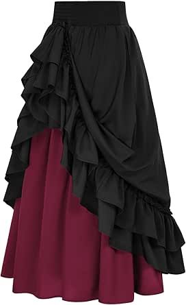 Scarlet Darkness Victorian Maxi Skirt for Women Renaissance Long Double-Layer Ruffle Skirt Victorian Skirt, Layered Ruffle Skirt, Steampunk Skirt, Boho Festival Fashion, High Waisted Maxi Skirt, Tiered Ruffle Skirt, Retro Costume, Womens Maxi Skirts, Half Skirt