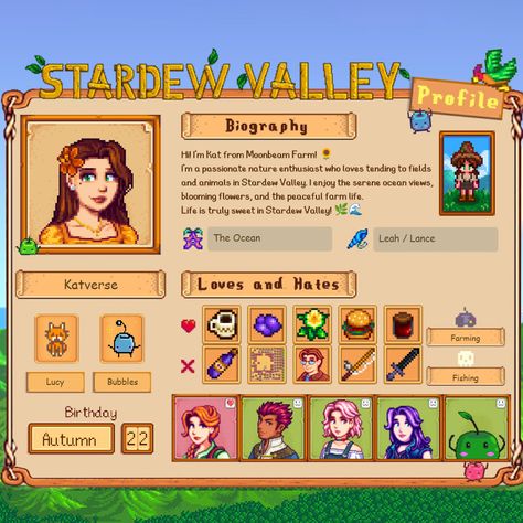 Create your own Stardew Valley profile page with our easy guide! Design your character and customize your profile using free online tools. Stardew Valley Profile, Design Your Character, Profile Maker, Stardew Valley Farms, Valley Game, Guide Design, Create Your Character, Bubble Birthday, Farm Games