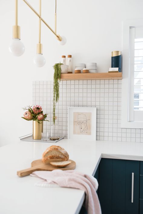 A backyard cottage becomes a charming Northern Beaches retreat Renovated Backyard, White Tile Splashback, Square Tile Backsplash, White Square Tiles, Retreat Home, Small White Kitchens, Kitchen Splashback Tiles, House Makeovers, Tile Splashback