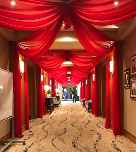 Ceiling Draping Rental in Austin, Texas at Premiere Events Drape Fabric From Ceiling, Ceiling Event Decor, Draping Fabric From Ceiling, Ceiling Draping Wedding, Ceiling Rafters, Ceiling Drapes, House Front Wall Design, Draping Ideas, Chinese Wedding Decor