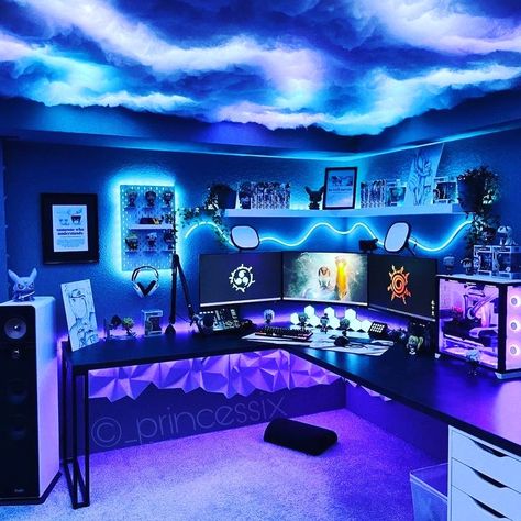 Blue Gaming Setup Aesthetic, Office Wellness Ideas, Boys Game Room Ideas, Black Lights Bedroom, Cool Secret Rooms, Video Game Room Decor, Games Room Inspiration, Gaming Bedroom, Gamer Bedroom