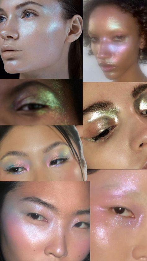 Highlights taking on colour and metallic or glossy texture, the same inspiration as level 1 but taken up a notch in intensity. As Level, Holographic Makeup, Fairy Makeup, Fantasy Makeup, Pink Opal, Highlighter, Opal, Highlights, Stain