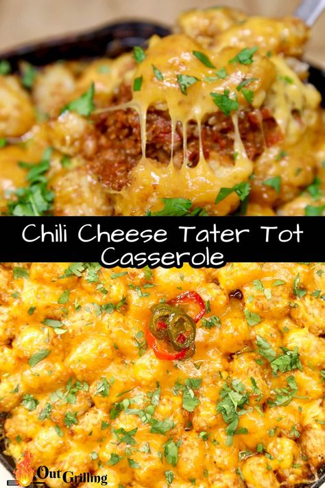 Chili Cheese Tater Tot Casserole is an easy weeknight dinner and so easy to make on the grill. A quick ground beef chili topped with frozen tater tots and plenty of melted cheese is an irresistible combination. Chili Cheese Tater Tot Casserole, Cheese Tater Tot Casserole, Cheesy Tots, Chili Cheese Tater Tots, Tots Recipes, Tot Recipes, Frozen Tater Tots, Chili Casserole, Tater Tot Recipes