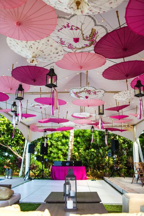 Enchanted Kauai Private Estate Wedding | Pacific Weddings Decor Photobooth, Cherry Blossom Party, Japanese Party, Cherry Blossom Theme, Parasol Wedding, Asian Party, Paper Parasol, Umbrella Decorations, Private Estate Wedding