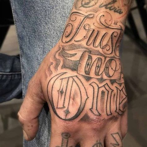 Trust No One Tattoo. No Trust Tattoo Ideas, Trust No One Tattoo On Hand, Trust Issues Tattoo Ideas, Trust No One Tattoo Ideas For Men, Trust No One Hand Tattoo, No Trust Tattoo, Trust None Tattoos, Dont Trust Tattoo, Trust No One Tattoo Design Fonts