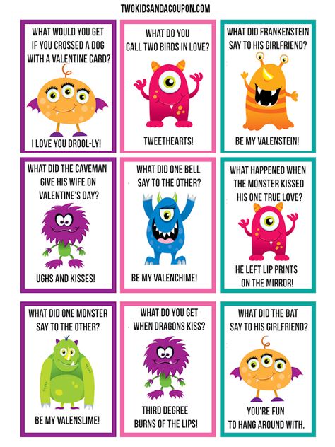 Free Printable Valentines. 50 Free Valentine printables for kids. Let your kids give our a unique Valentine this year. #Valentinesday #freeprintablevalentines #valentines #freeprintablesforkids Valentines Jokes, Monster Printable, Monster Valentine, Valentines Day Jokes, Valentine Jokes, Free Printable Valentines Cards, Preschool Homeschooling, Candy Valentines, Lunchbox Jokes