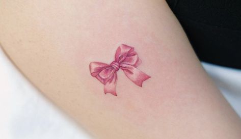 Bow Tattoo Aesthetic, Small Bow Tattoos, Pink Tattoo Ink, Pink Bow Tattoos, Simple Unique Tattoos, Tattoo Lace, Bow Tattoo Designs, Small Girly Tattoos, Pink Tattoo