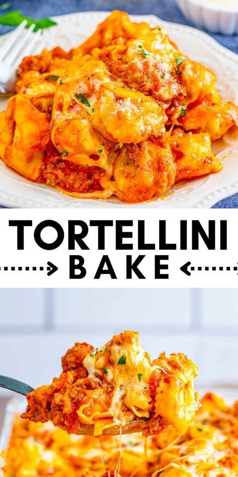 A super easy dinner recipe from Tornadough Alli, this tortellini bake is a family hit! It is full of meat, cheese and sauce! A filling and flavorful meal that no one can get enough of. This will quickly be added to your weekly meal rotation. Your family will love it. Tortalini Pasta Recipes, Totalini Dinner, Tortilini Recipes Simple, Easy Tortellini Bake, Mexican Pinwheels, Everyday Snacks, Casserole Meals, Easy Tortellini, Meal Rotation