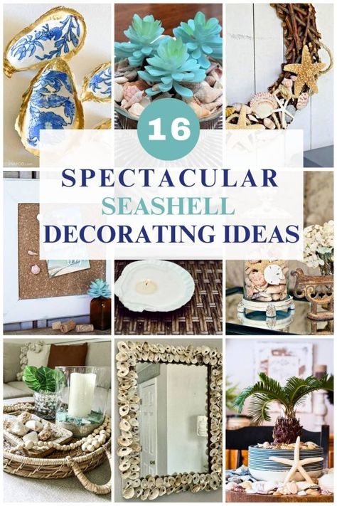 collage with 9 diy seashell ideas Decorating With Seashells, Seashell Shadow Boxes, Seashell Centerpieces, Diy Coastal Decor, Seashell Display, Sea Shells Diy, Diy Beach Decor, Beachy Theme, Seashell Projects