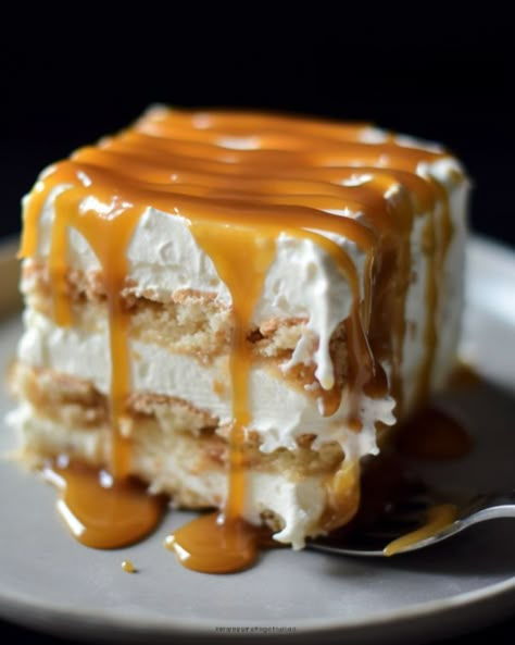 The moment my friend busted out this dish at the party, I was all like, "I need to make this ASAP," and man, it was so worth it Ritz Cracker, Cold Desserts, Icebox Cake, Piece Of Cake, Food Cakes, Caramel Sauce, Cake Ingredients, Eat Dessert, Decadent Desserts