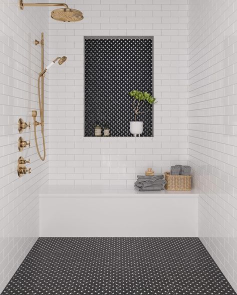 Swipe left to fall in love with the beauty of Nero Marquina tiles. 🖤 Imagine these gorgeous black tiles with elegant white veins bringing a touch of drama and sophistication to your space. Perfect for making your bathroom, kitchen, or patio effortlessly chic. Ready to give your home that luxury upgrade? Comment “tile” for a link to browse the collection! White Mosaic Shower Tile, Basket Weave Black And White Tile, Black And White Geometric Tile Bathroom, Black And White Master Bath Tile, Bathroom With Basket Weave Tile, Navy Tile Shower Ideas, White And Black Shower Tile, Black And White Pattern Tile Bathroom, Black And White Tile Floor Bathroom