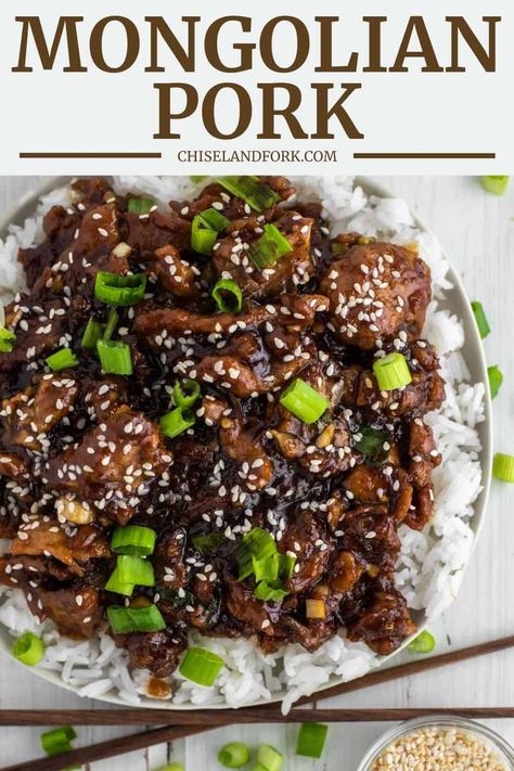 This Mongolian pork recipe takes an old favorite but uses thinly sliced pork instead of beef that is tossed in a sweet soy garlic ginger sauce. #mongolianpork #chineserecipe #pork #quickandeasy | chiselandfork.com Mongolian Pork, Garlic Ginger Sauce, Asian Pork Tenderloin, Asian Pork Recipes, Ginger Pork, Asian Pork, Pork Loin Recipes, Ginger Sauce, Tenderloin Recipes