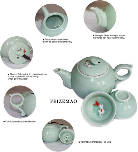 Amazon.com | FEIZEMAO Chinese Kung Fu Tea Set Hand Painted Porcelain(6 Cups with Teapot)-Green Teacups Koi Fish Design (White): Tea Sets Koi Fish Designs, Chinese Kung Fu, Chinese Tea Set, Kung Fu Tea, Chinese Tea, Fish Design, Painted Porcelain, Hand Painted Porcelain, White Tea