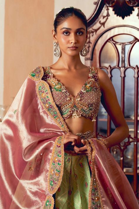 Light green jacquard silk banarasi lehenga set – INDIASPOPUP.COM Sage Green And Pink Lehenga, Green Tissue Silk Lehenga, Pink And Green Lehenga, Tissue Silk Lehenga, Light Lehenga, Pastel Lehenga, Tissue Dupatta, Pearl Tassels, Zardozi Work