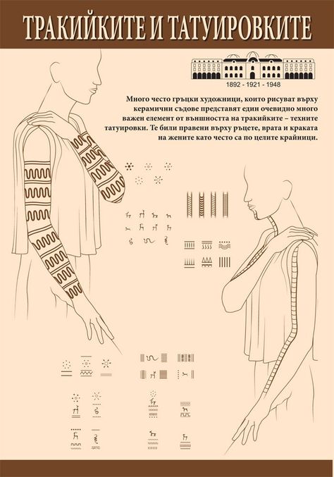 A poster on the tattoos of Ancient Thracian women. Photo: National Institute and Museum of Archaeology / Burgas Regional Museum of History Thracian Tattoo, Bulgarian Tattoo Ideas, Historic Tattoos, Bulgarian Tattoo, Glorantha Art, Bulgarian Aesthetic, Historical Tattoos, Bulgarian Women, History Tattoos